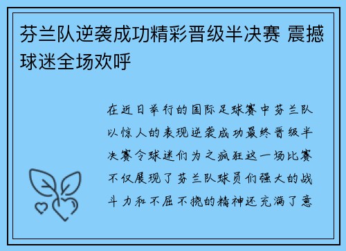 芬兰队逆袭成功精彩晋级半决赛 震撼球迷全场欢呼