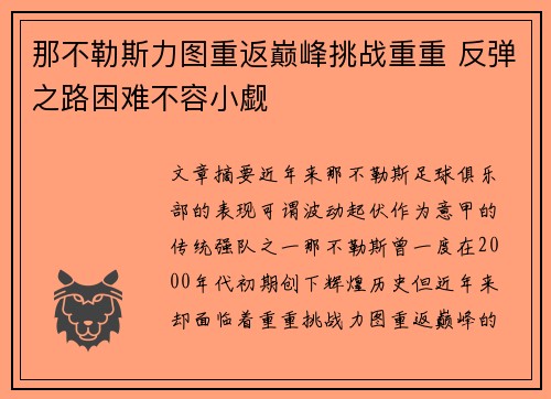 那不勒斯力图重返巅峰挑战重重 反弹之路困难不容小觑