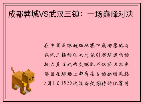 成都蓉城VS武汉三镇：一场巅峰对决
