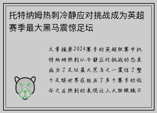 托特纳姆热刺冷静应对挑战成为英超赛季最大黑马震惊足坛