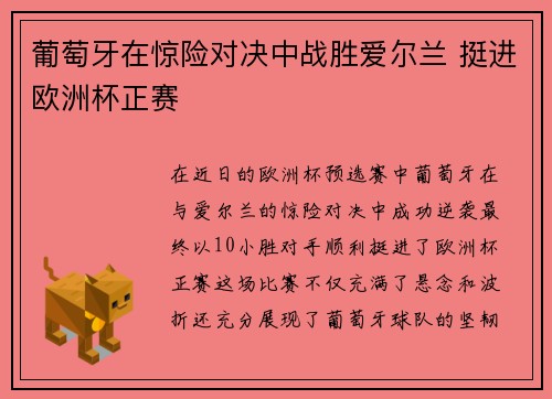 葡萄牙在惊险对决中战胜爱尔兰 挺进欧洲杯正赛