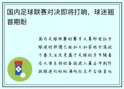 国内足球联赛对决即将打响，球迷翘首期盼