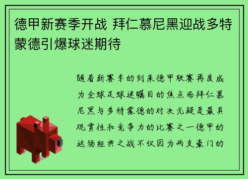 德甲新赛季开战 拜仁慕尼黑迎战多特蒙德引爆球迷期待