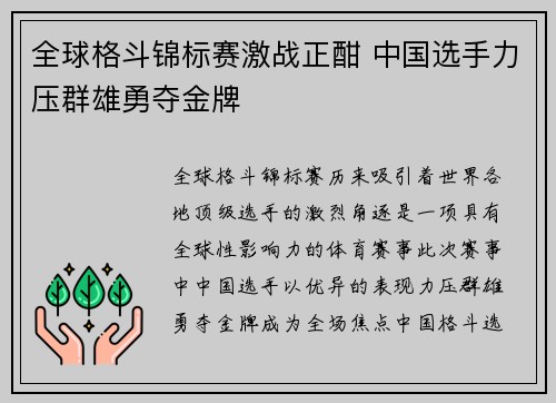 全球格斗锦标赛激战正酣 中国选手力压群雄勇夺金牌