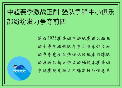 中超赛季激战正酣 强队争锋中小俱乐部纷纷发力争夺前四